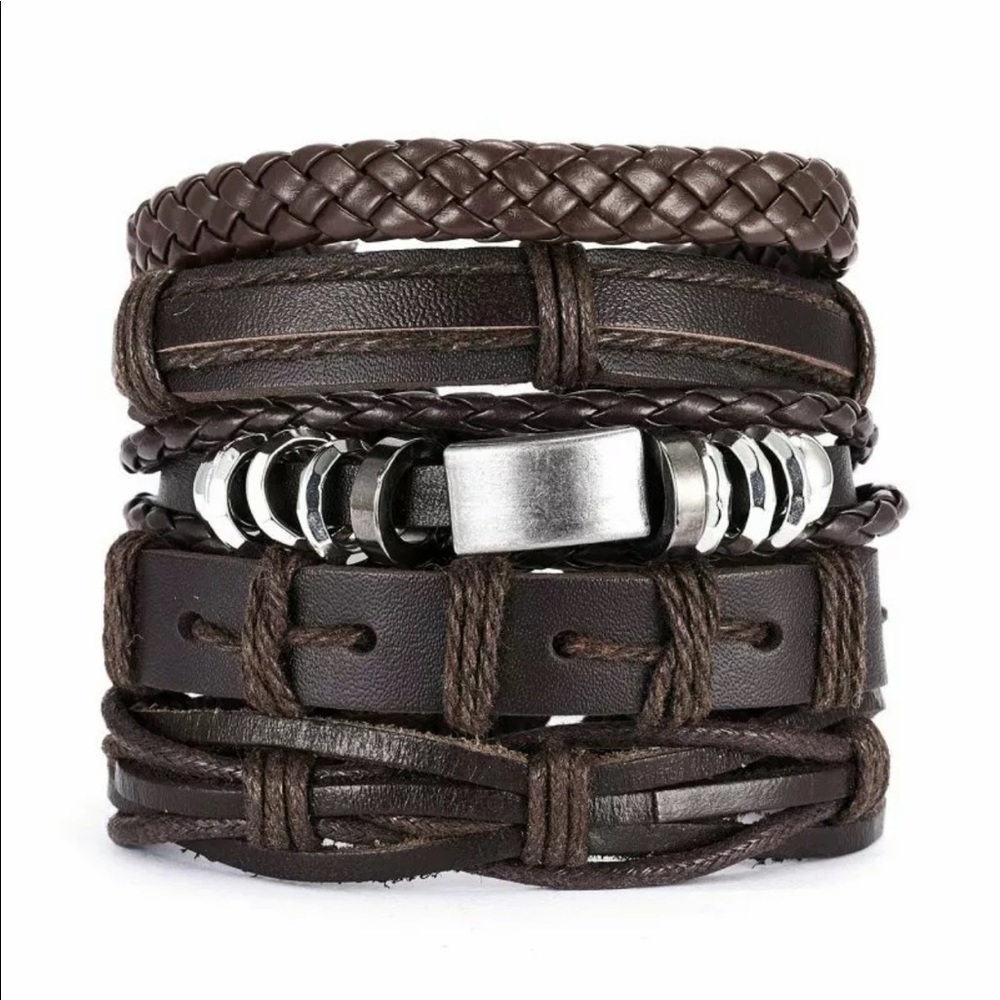 Layered Leather Bracelet Set, 6-Piece Brown Silver